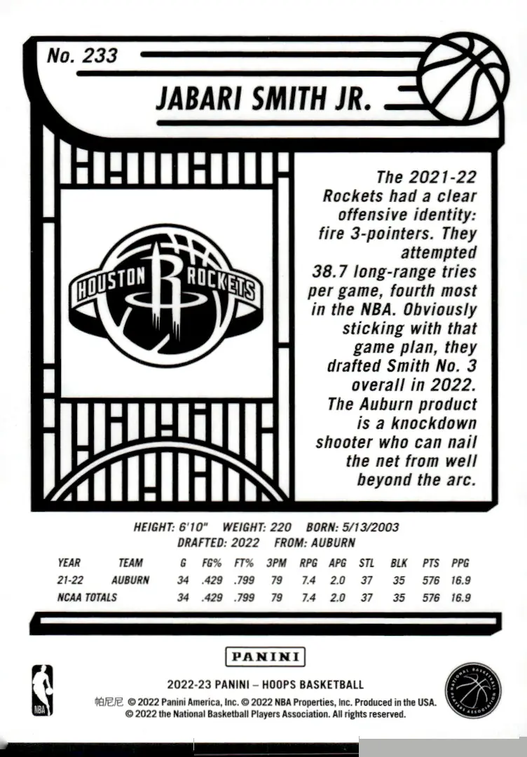 2022-23 NBA Hoops #233 Jabari Smith Jr. (back)