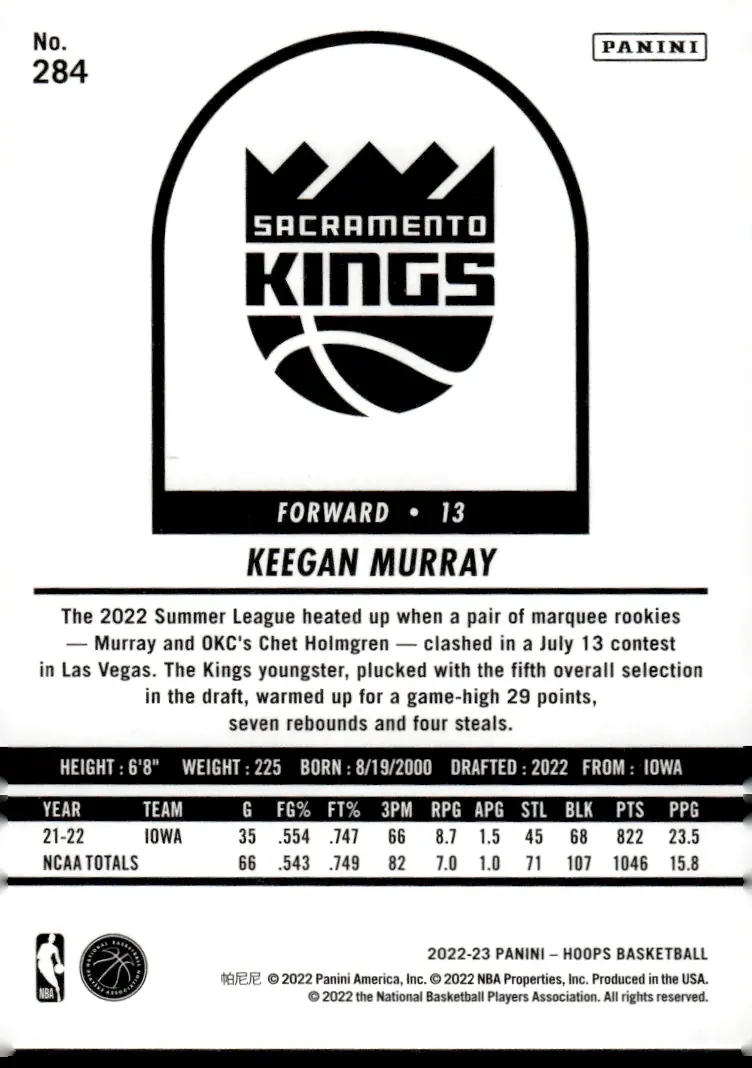2022-23 NBA Hoops #284 Keegan Murray (back)