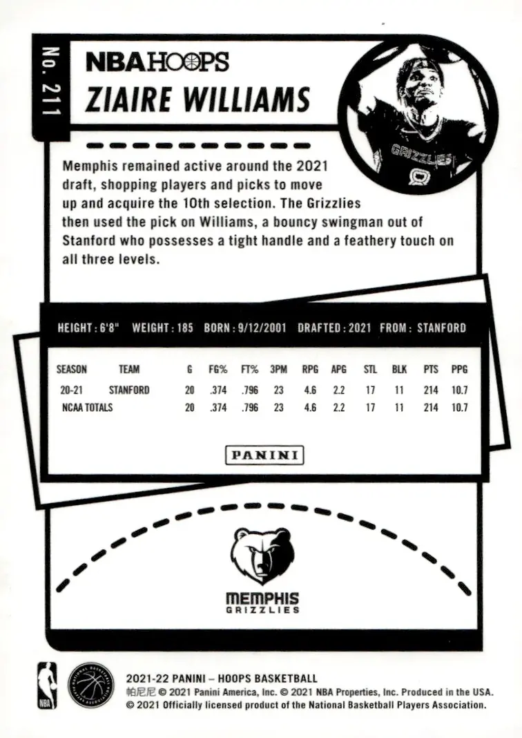 2021-22 NBA Hoops #211 Ziaire Williams (back)