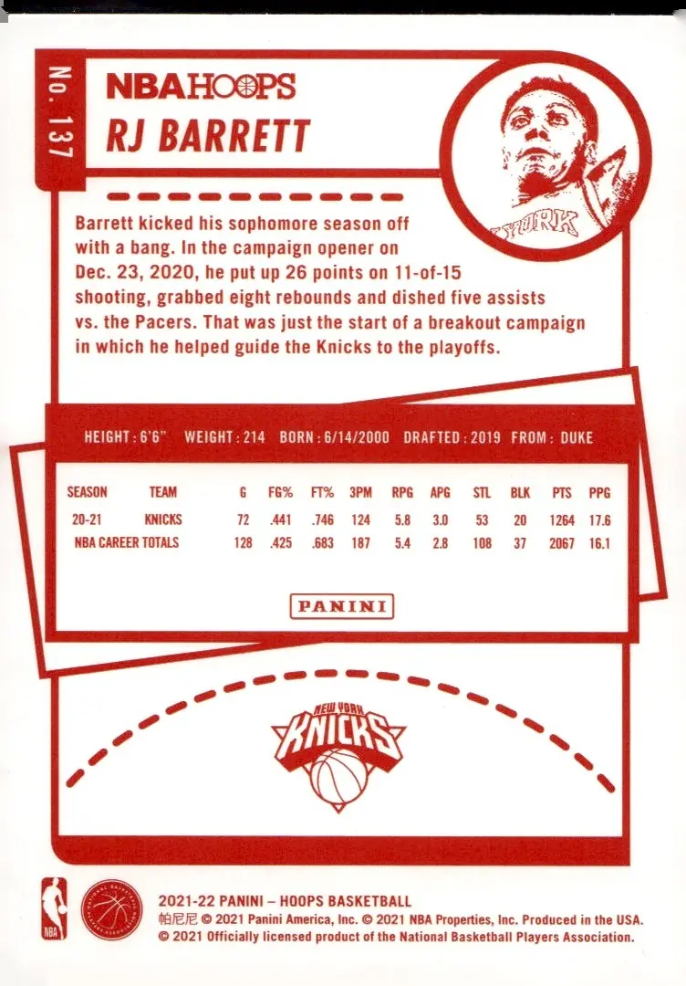 2021-22 NBA Hoops #137 RJ Barrett (back)