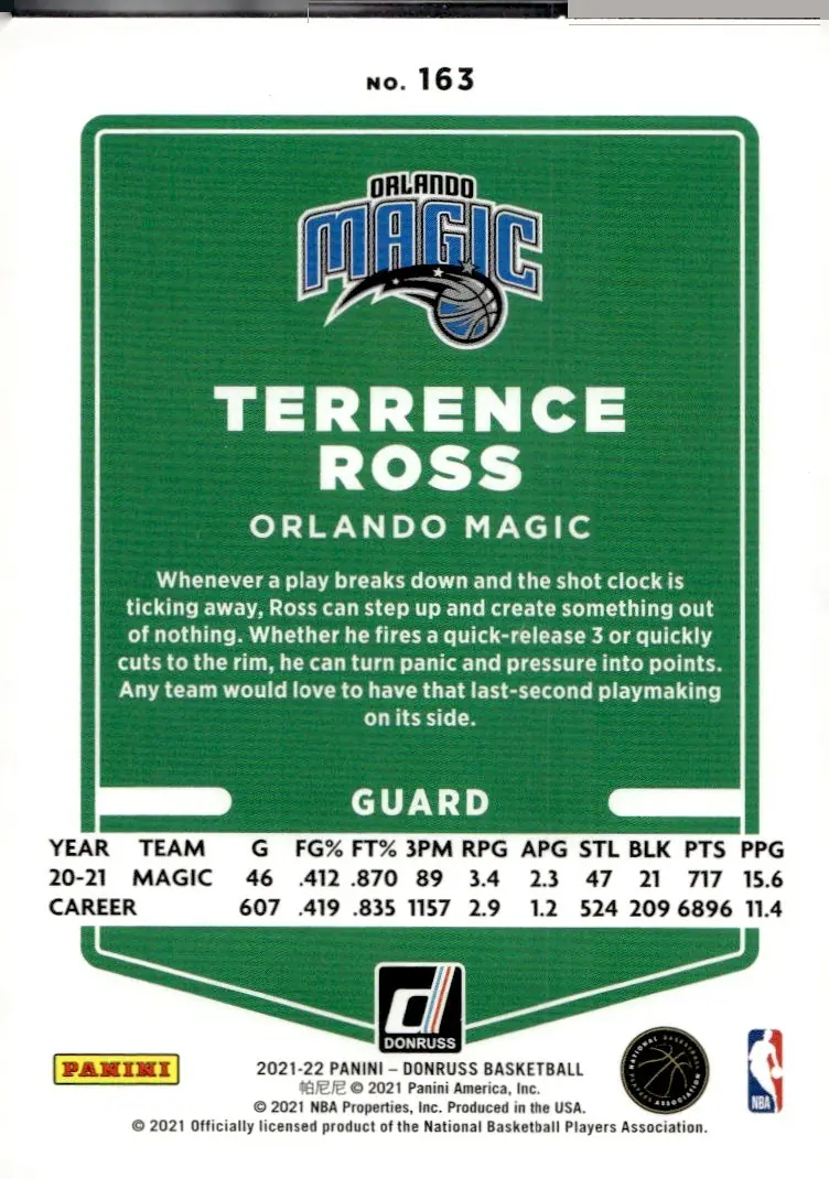 2021-22 Donruss Basketball #163 Terrence Ross (back)