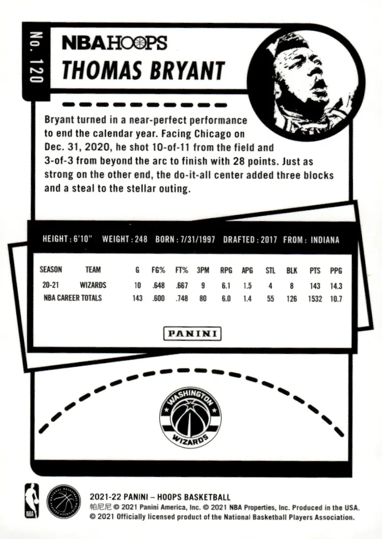 2021-22 NBA Hoops #120 Thomas Bryant (back)