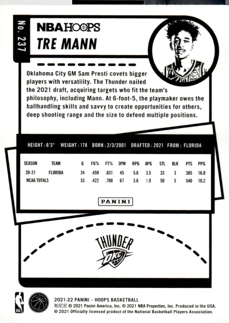 2021-22 NBA Hoops #237 Tre Mann (back)