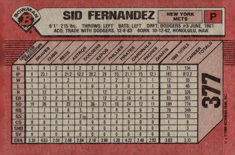 1989 Bowman #377 Sid Fernandez (back)