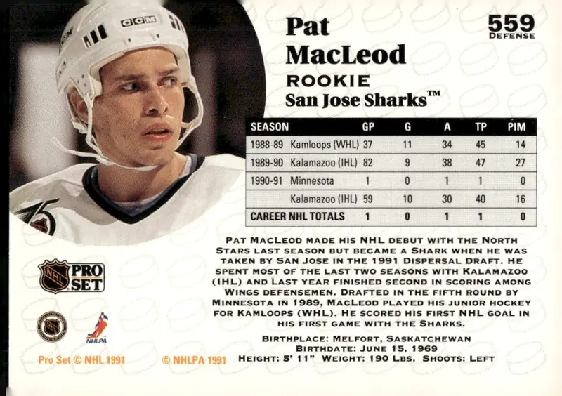 1991-92 Pro Set (Series 2) #559 Pat MacLeod (back)