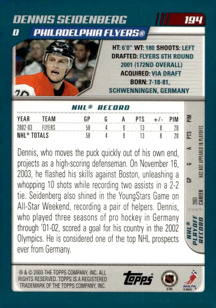 2003-04 Topps #194 Dennis Seidenberg (back)
