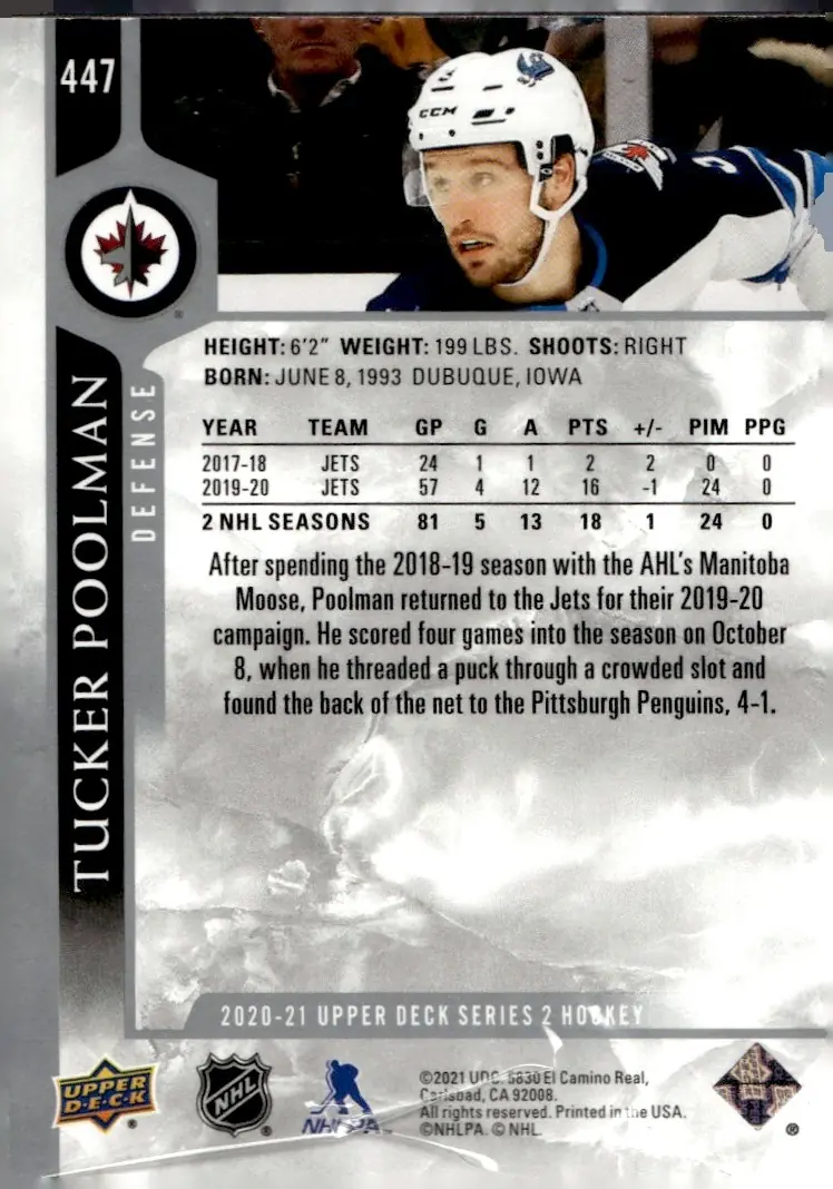 2020-21 Upper Deck Series 2 #447 Tucker Poolman (back)