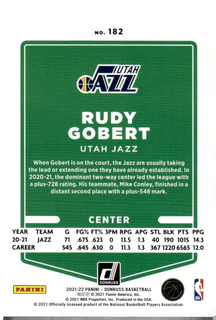 2021-22 Donruss Basketball #182 Rudy Gobert (back)