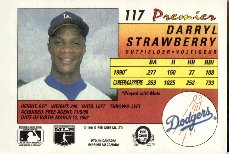1991 O-Pee-Chee Premier #117 Darryl Strawberry (back)