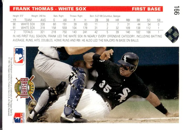 1992 Upper Deck #166 Frank Thomas (back)