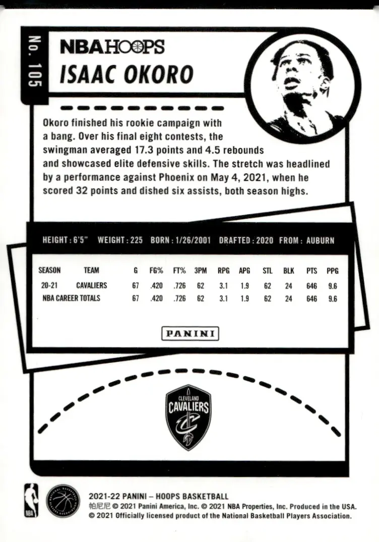 2021-22 NBA Hoops #105 Isaac Okoro (back)