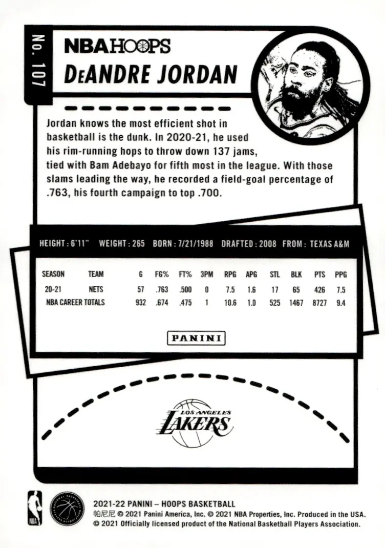 2021-22 NBA Hoops #107 DeAndre Jordan (back)