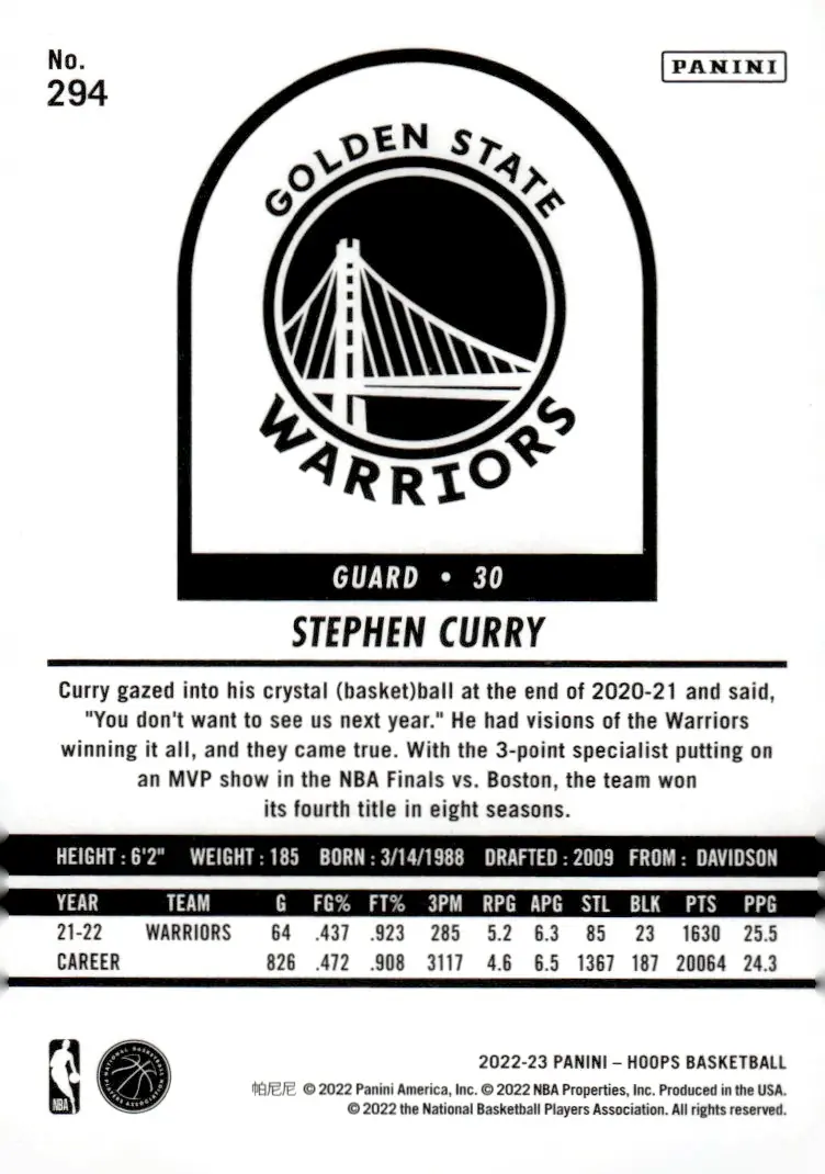 2022-23 NBA Hoops #294 Stephen Curry (back)