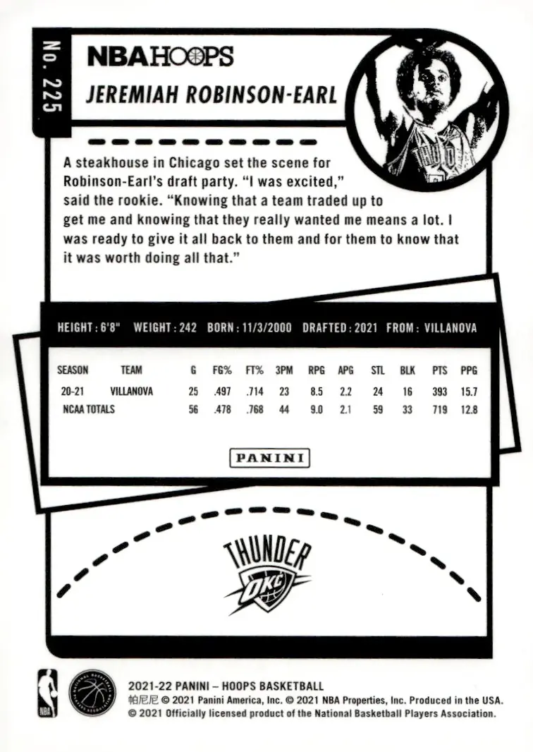 2021-22 NBA Hoops #225 Jeremiah Robinson-Earl (back)