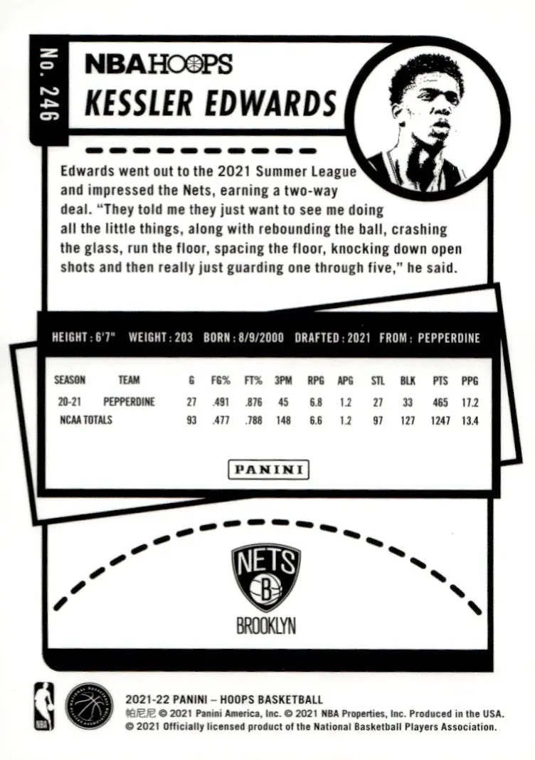 2021-22 NBA Hoops #246 Kessler Edwards (back)