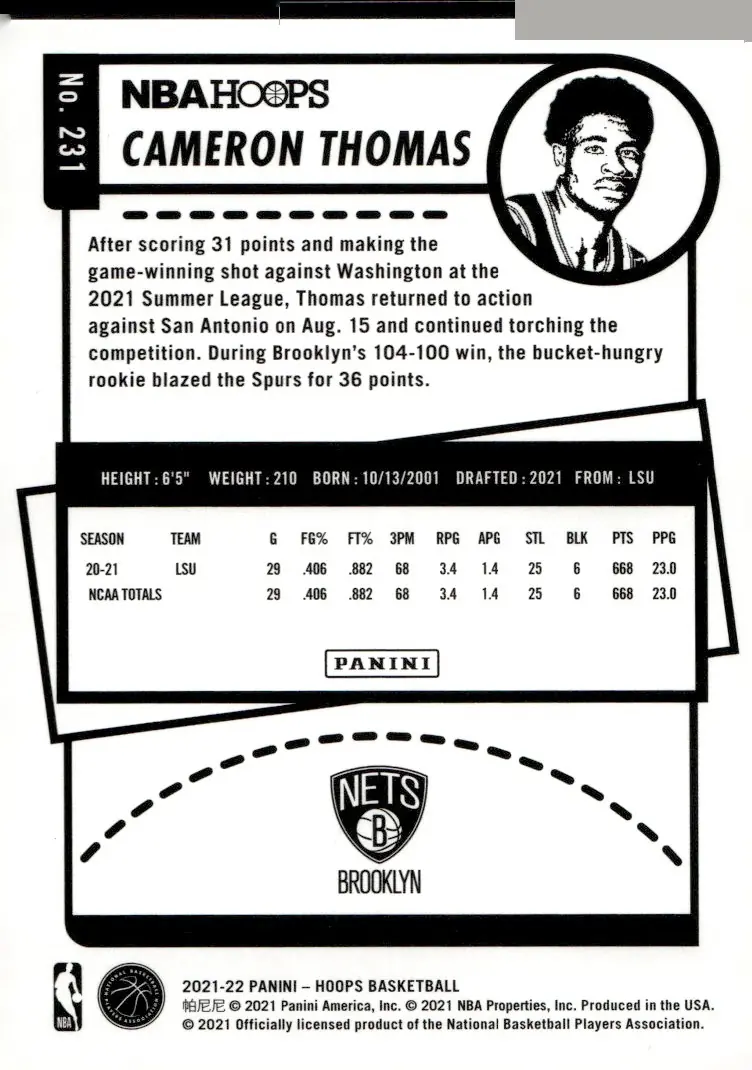 2021-22 NBA Hoops #231 Cameron Thomas (back)