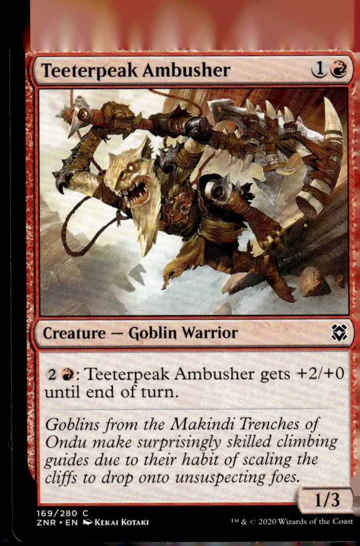 2020 Zendikar Rising (ZNR) #169/280 Teeterpeak Ambusher (Creature — Goblin Warrior); art by Kekai Kotaki (front)