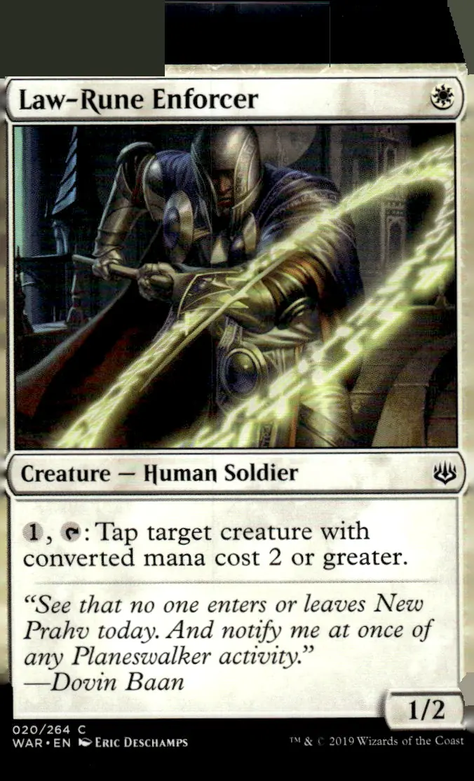 2019 Magic: The Gathering - War of the Spark (WAR) #020/264 Law-Rune Enforcer (Creature — Human Soldier); art by Eric Deschamps (front)