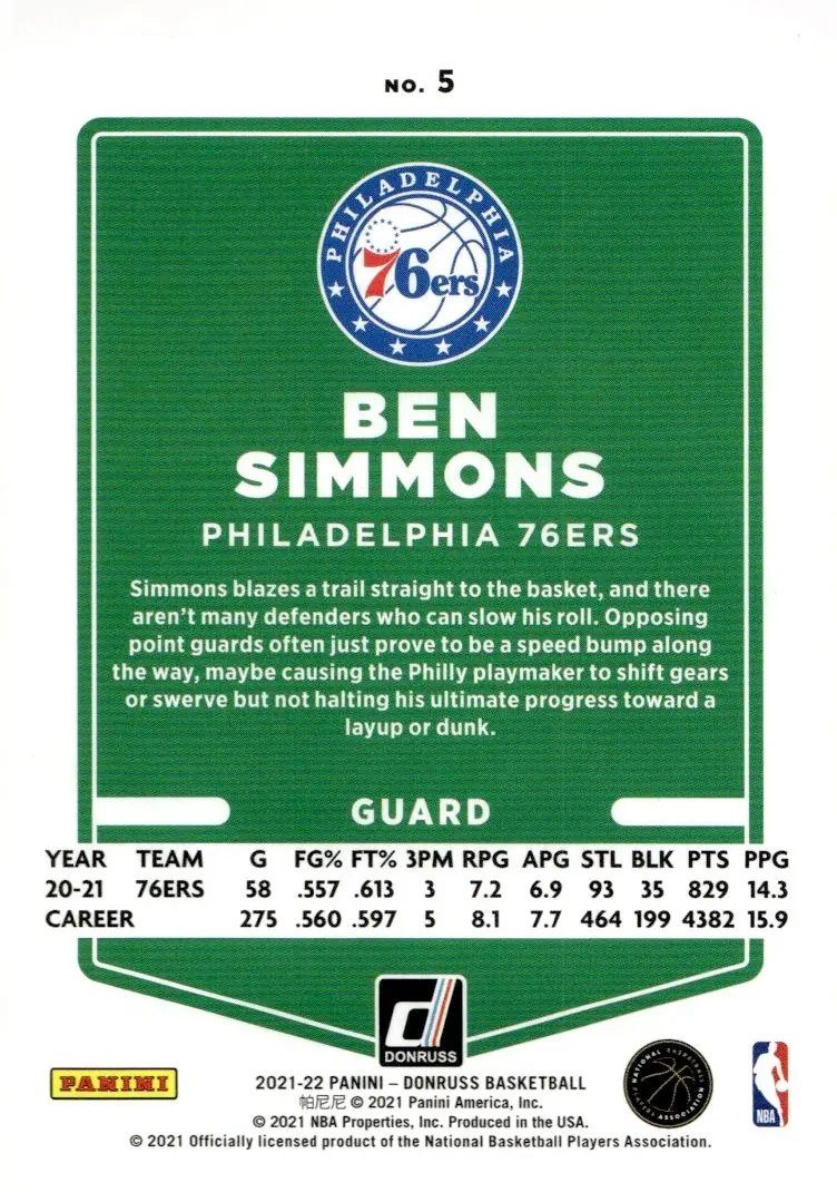 2021-22 Donruss #5 Ben Simmons (back)