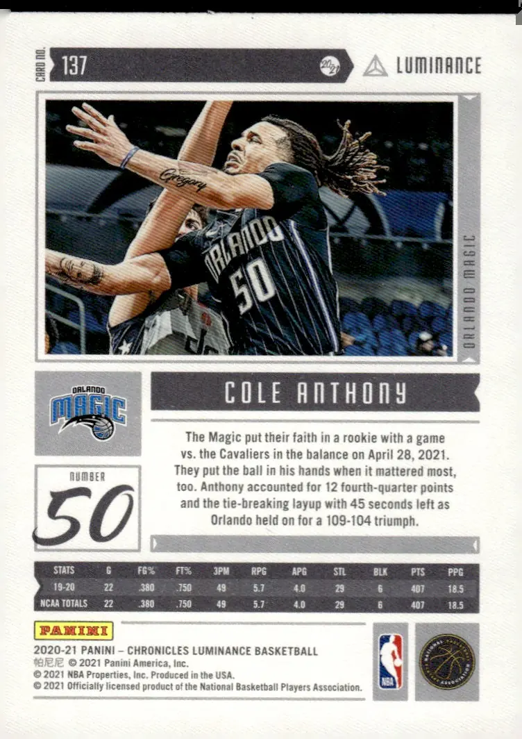 2020-21 Chronicles Basketball #137 Cole Anthony (back)