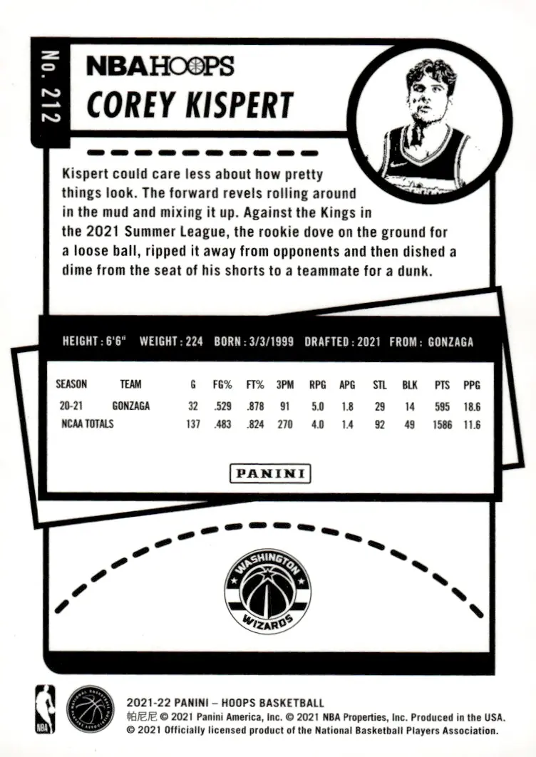 2021-22 NBA Hoops #212 Corey Kispert (back)