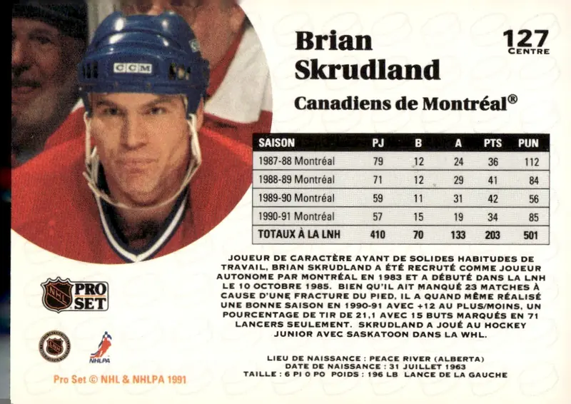 1991-92 Pro Set (French edition) #127 Brian Skrudland – French-language back (back)