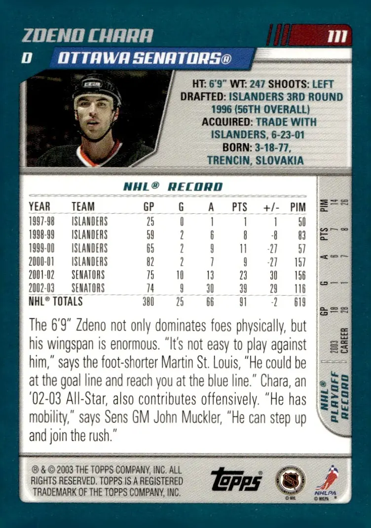 2003-04 Topps #111 Zdeno Chara (back)