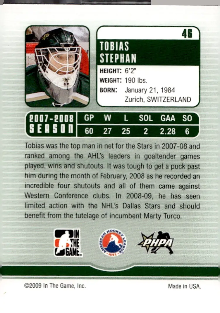 2008-09 Between The Pipes #46 Tobias Stephan (back)