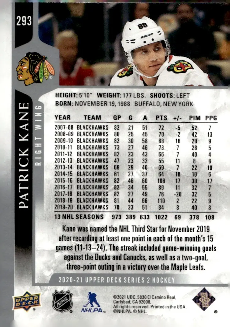 2020-21 Upper Deck Series 2 #293 Patrick Kane (back)