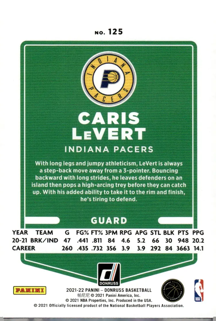 2021-22 Panini Donruss Basketball #125 Caris LeVert (back)