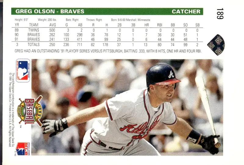 1992 Upper Deck #189 Greg Olson (back)