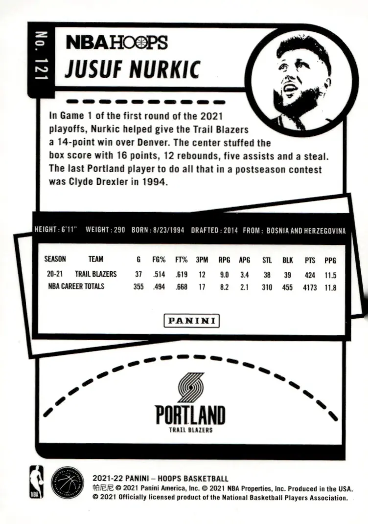 2021-22 NBA Hoops #121 Jusuf Nurkic (back)
