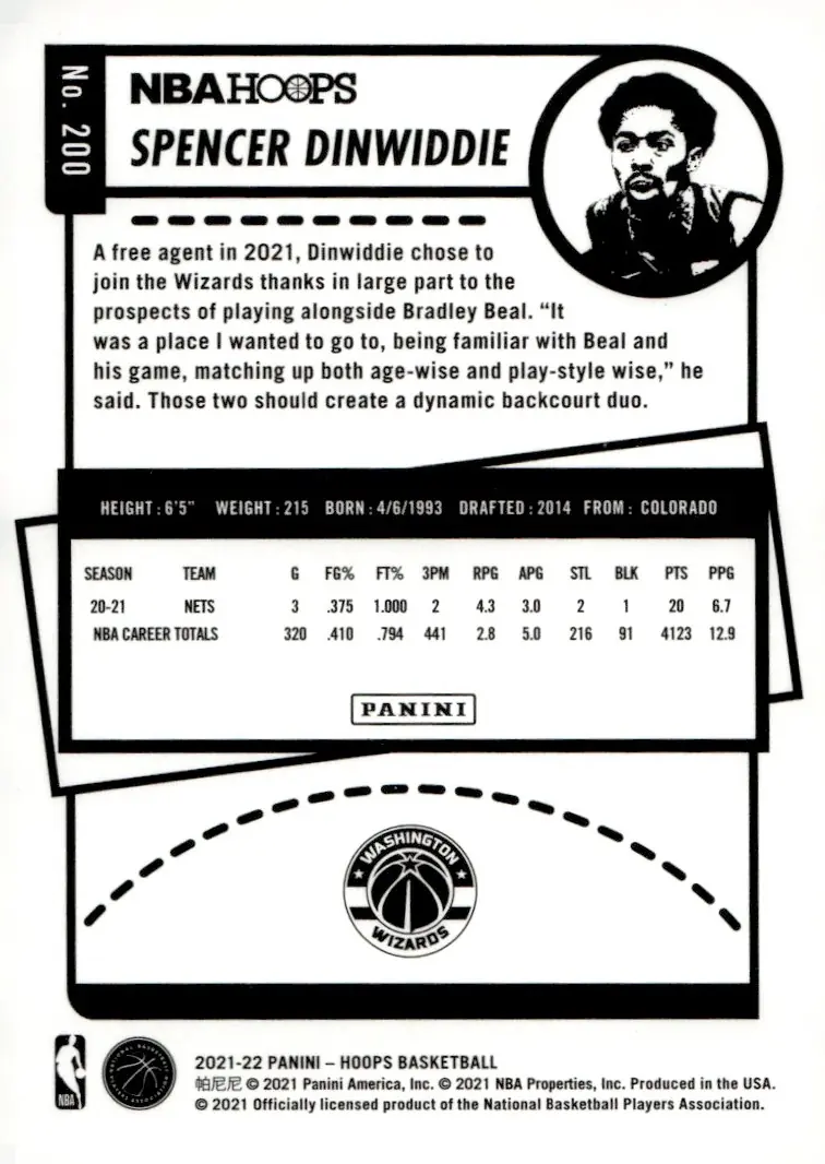 2021-22 NBA Hoops #200 Spencer Dinwiddie (back)