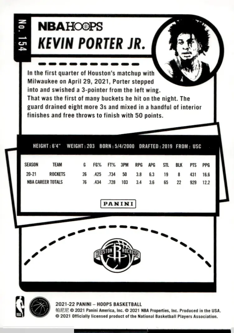 2021-22 NBA Hoops #154 Kevin Porter Jr. (back)