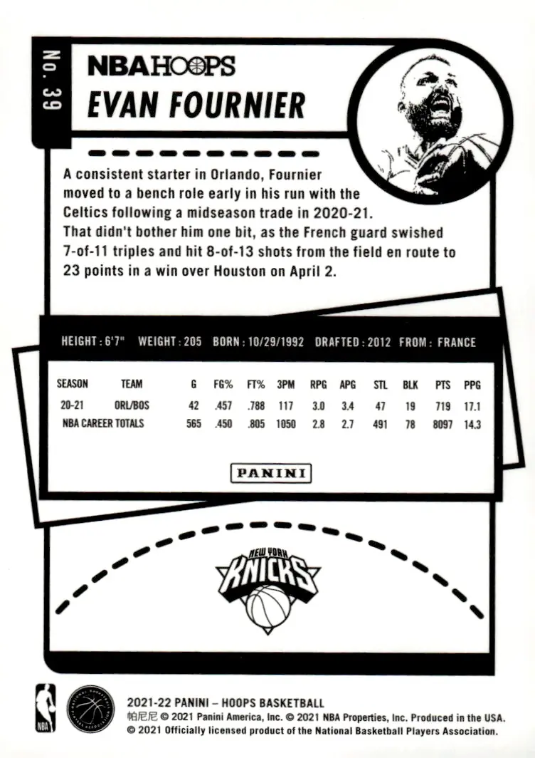 2021-22 NBA Hoops #39 Evan Fournier (back)