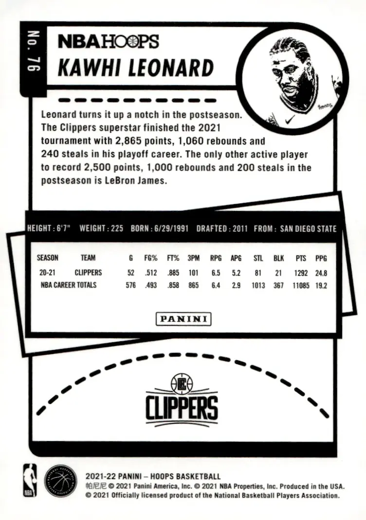 2021-22 NBA Hoops #76 Kawhi Leonard (back)