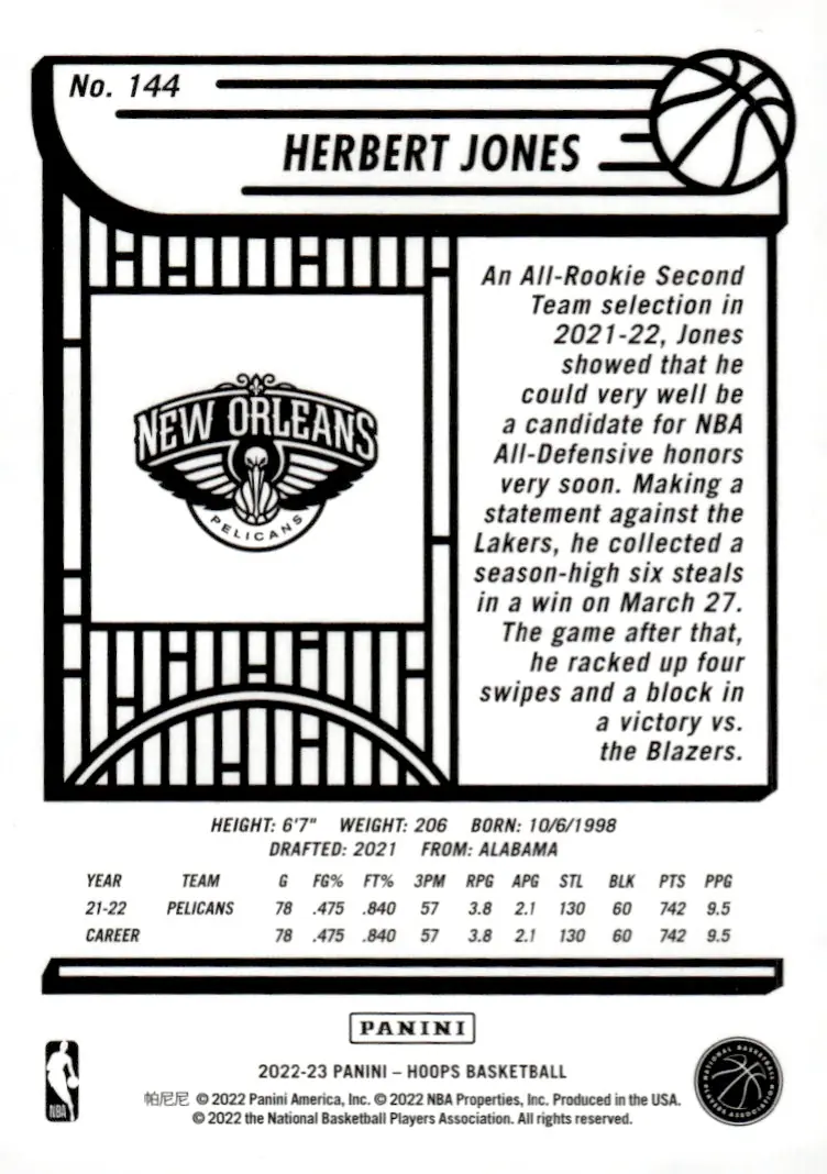 2022-23 NBA Hoops #144 Herbert Jones (back)