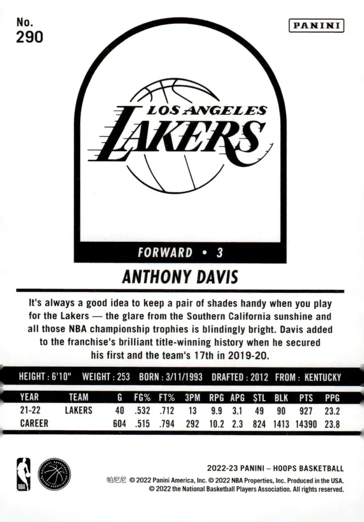 2022-23 NBA Hoops #290 Anthony Davis (back)