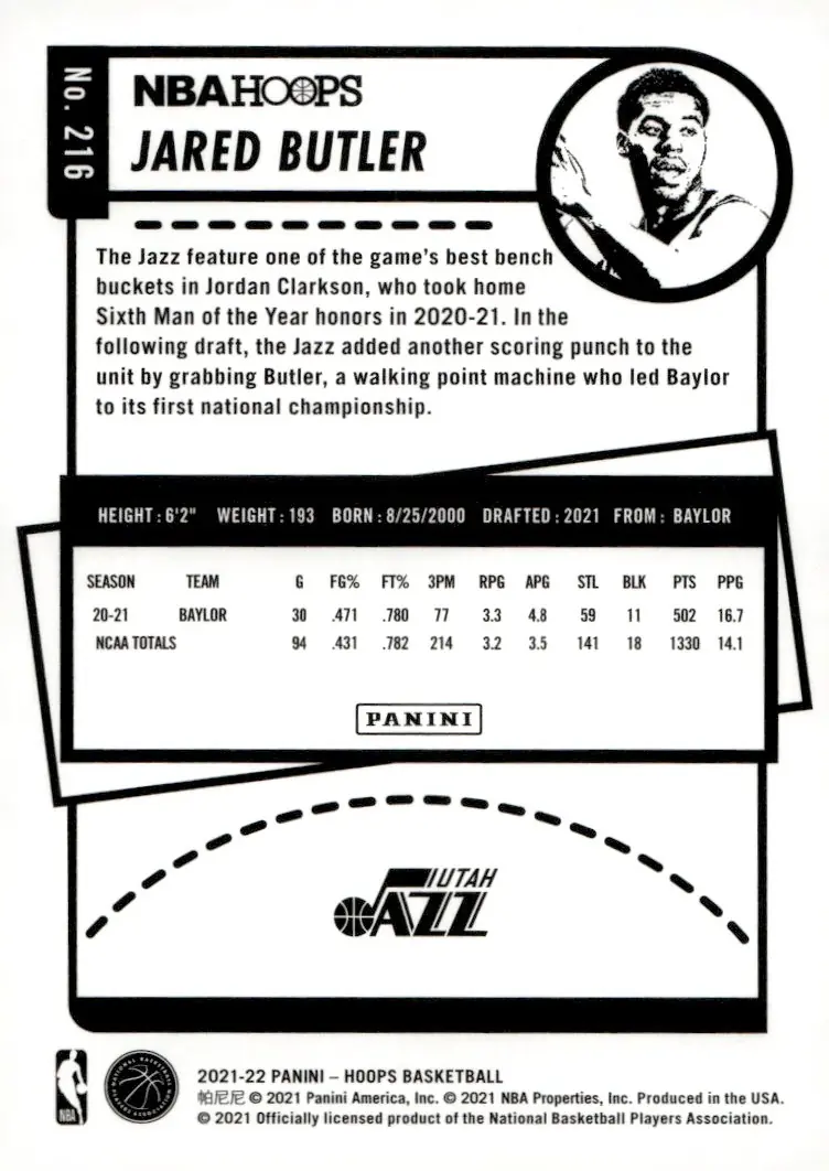2021-22 NBA Hoops #216 Jared Butler (back)