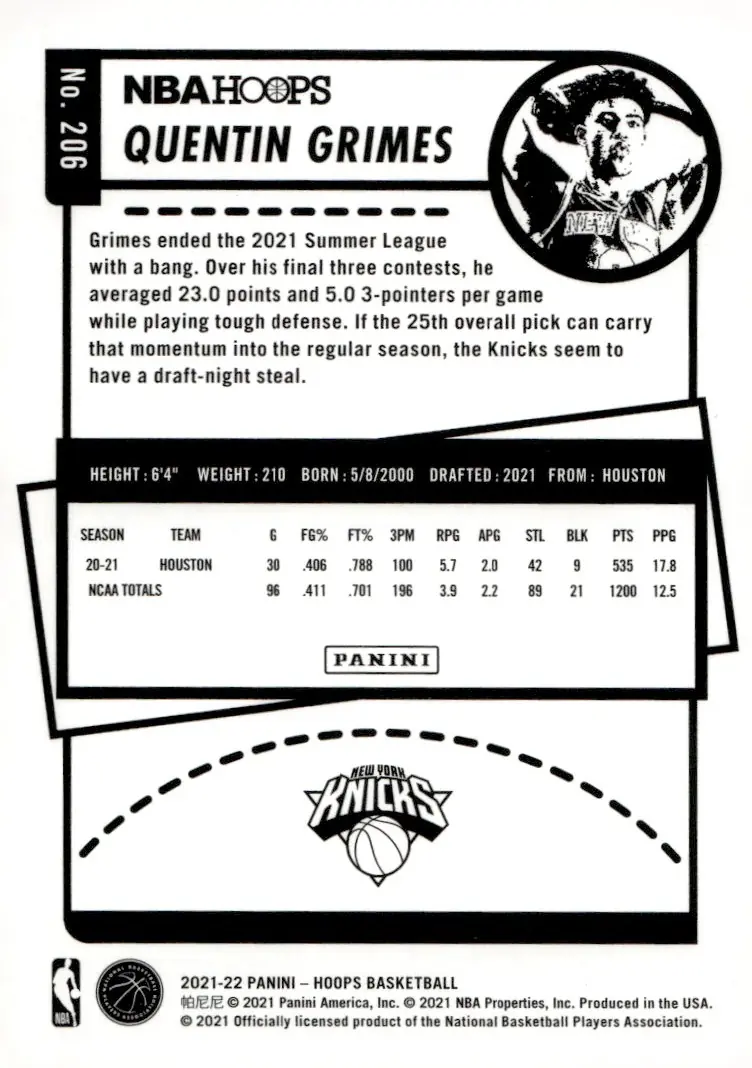 2021-22 NBA Hoops #206 Quentin Grimes (back)
