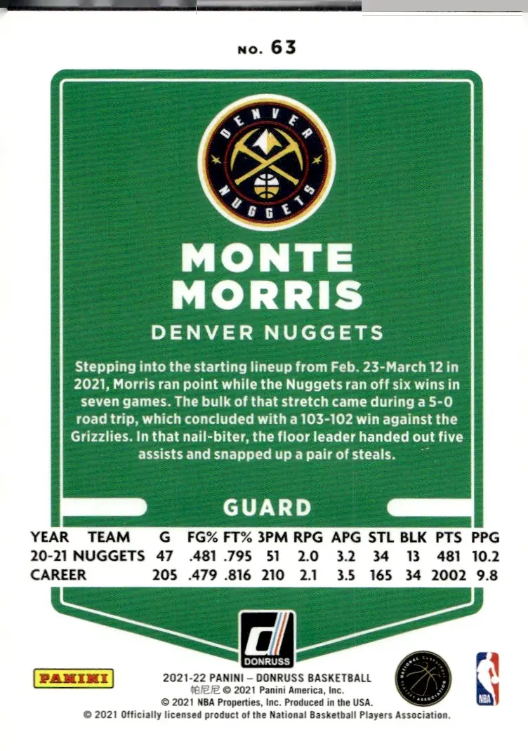2021-22 Donruss Basketball #63 Monte Morris (back)