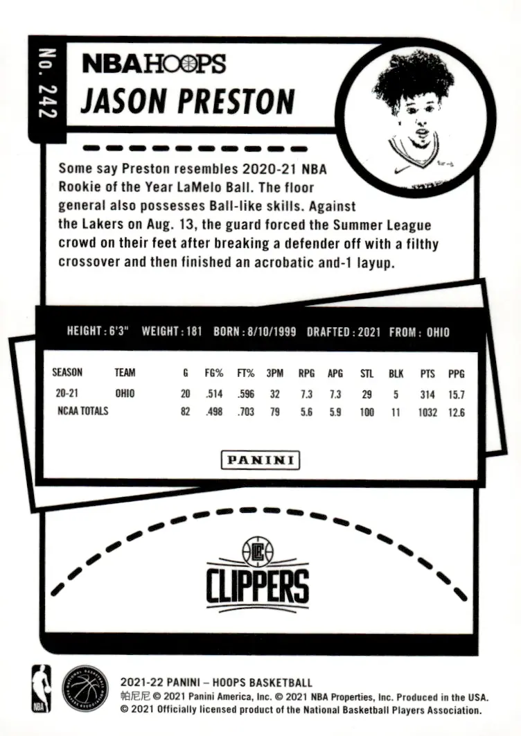 2021-22 NBA Hoops #242 Jason Preston (back)