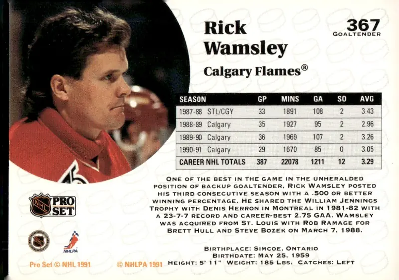 1991-92 Pro Set (Series 1) #367 Rick Wamsley (back)