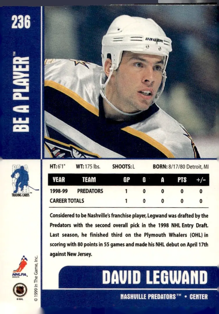 1999-00 Be A Player Memorabilia #236 David Legwand (back)