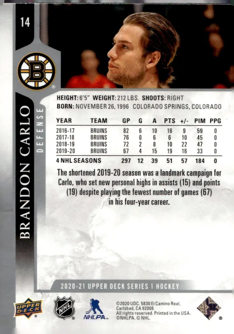 2020-21 Upper Deck Series 1 #14 Brandon Carlo (back)