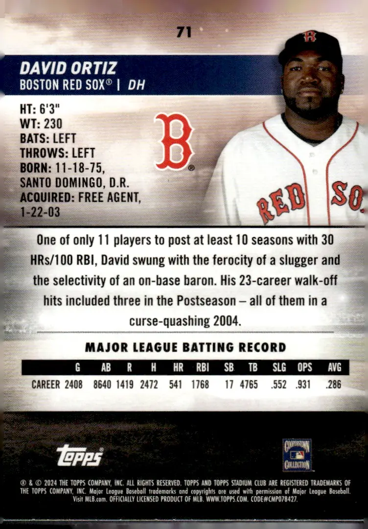 2024 Topps Stadium Club #71 David Ortiz (back)