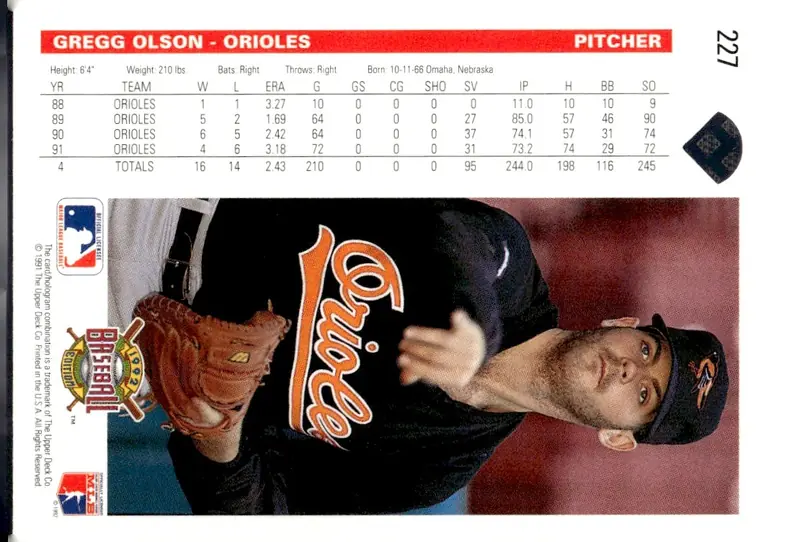 1992 Upper Deck Baseball #227 Gregg Olson (back)