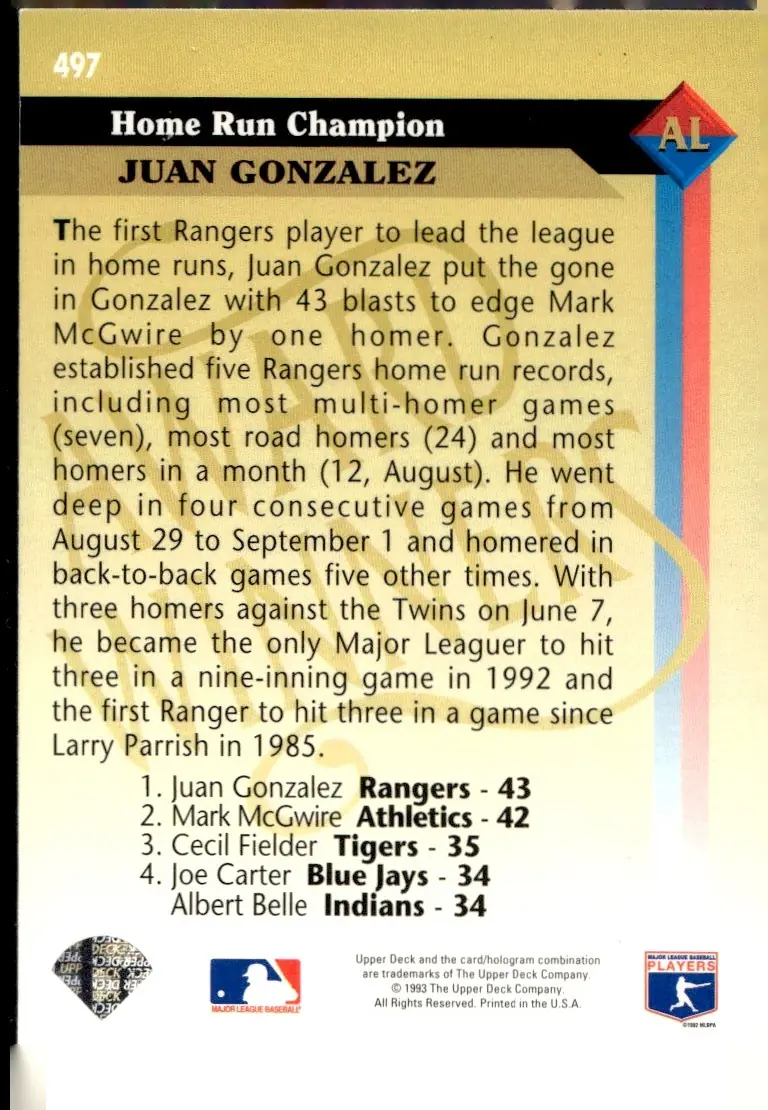 1993 Upper Deck #497 Juan Gonzalez (back)