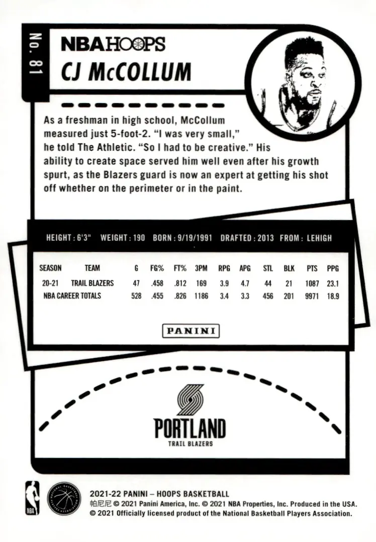 2021-22 NBA Hoops #81 CJ McCollum (back)