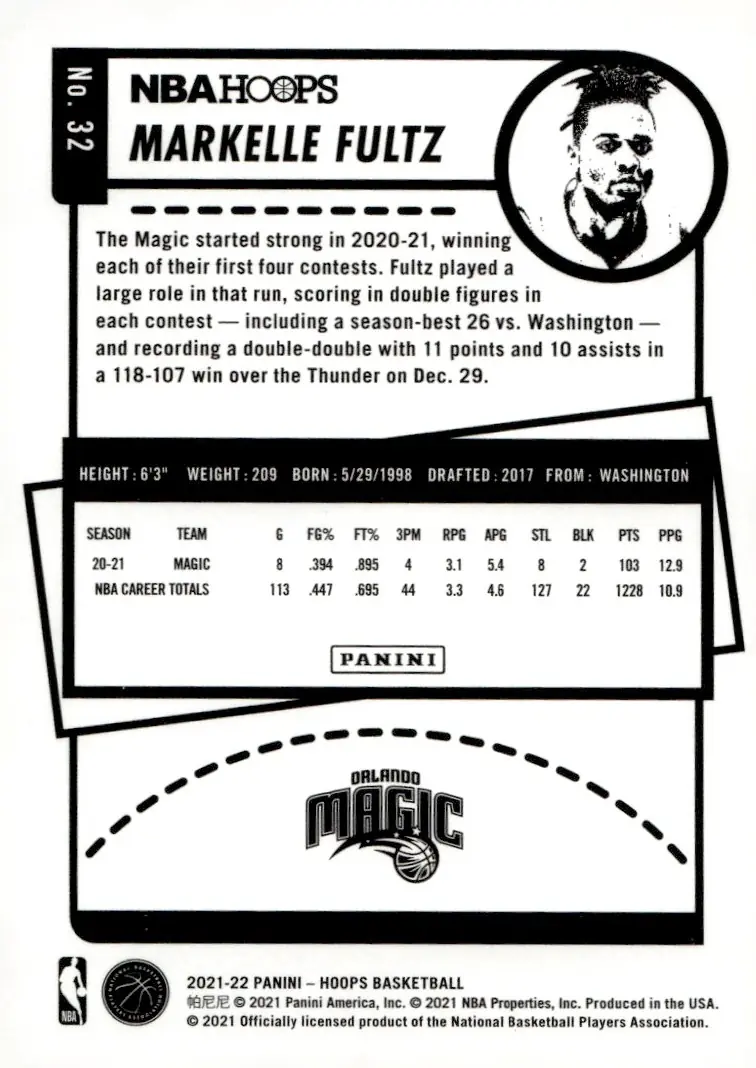 2021-22 NBA Hoops #32 Markelle Fultz (back)